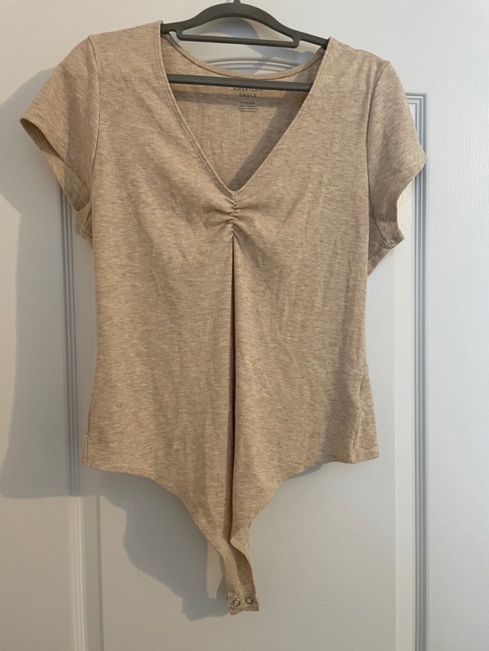 American Eagle Outfitters Light Beige V-Neck Ruched Bodysuit